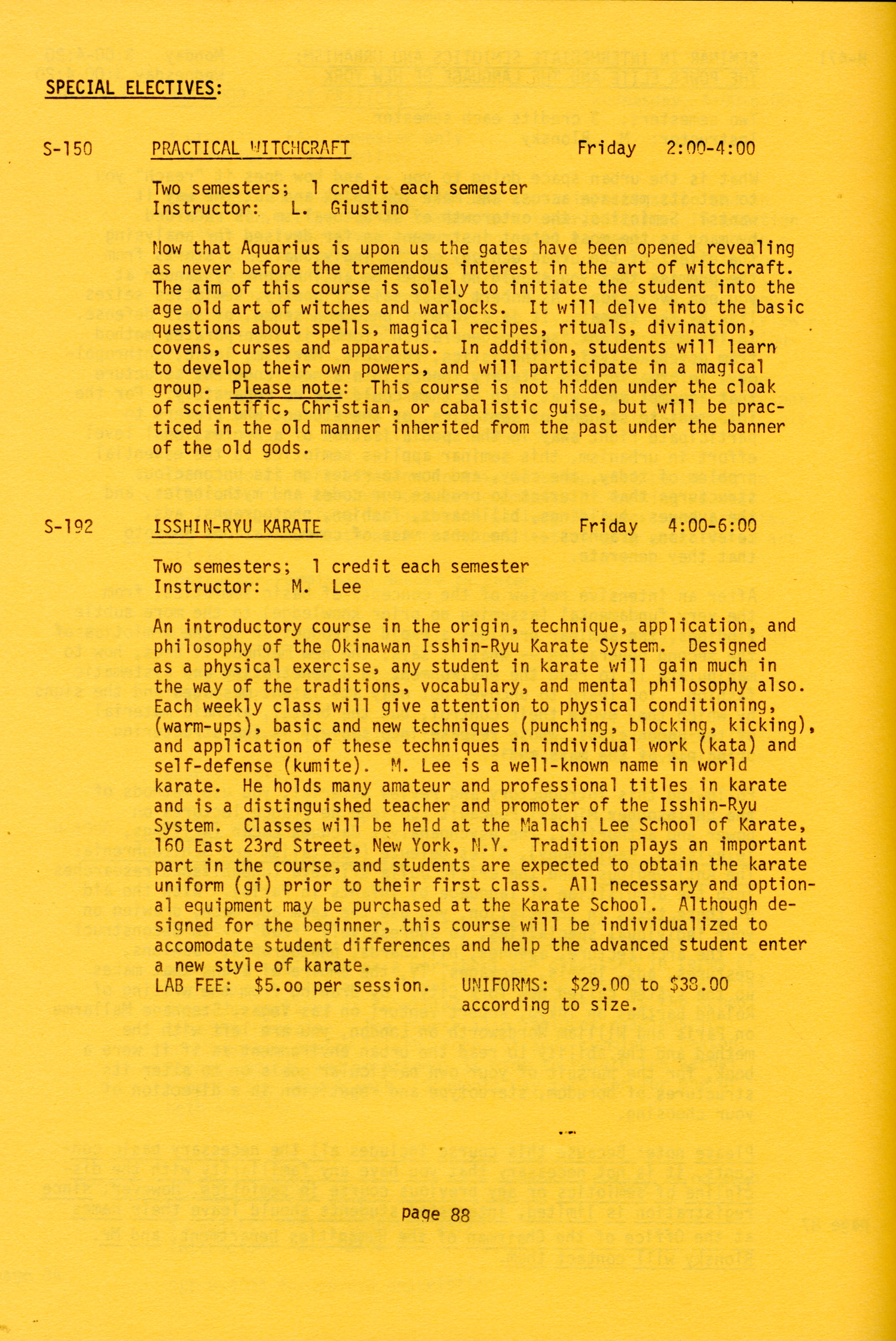 page from registration booklet, yellow with typed text, detailing courses on practical magic and isshin-ryu karate